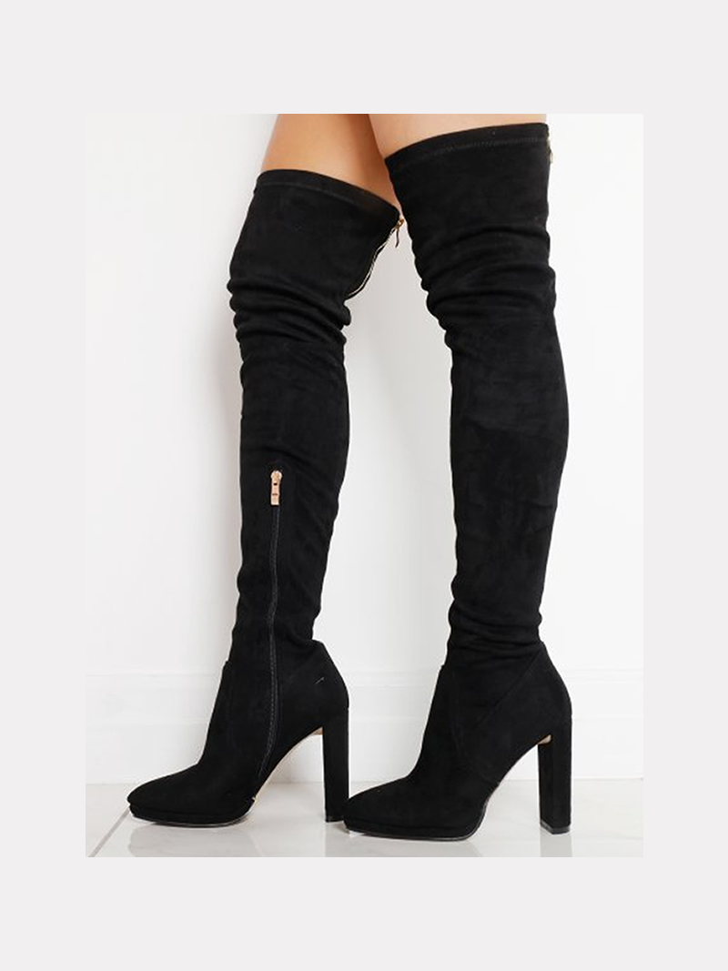 Selyse Slim Heel Over The Knee Boots In Black Faux Suede to Lisa Morales
